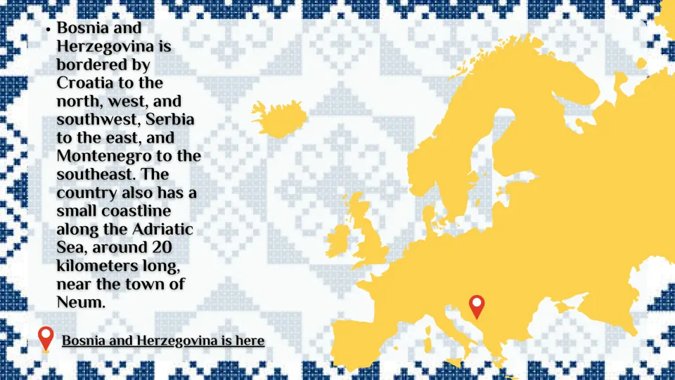 Geography slide naming Croatia, Serbia, and Montenegro as neighbors and describing the coast near Neum