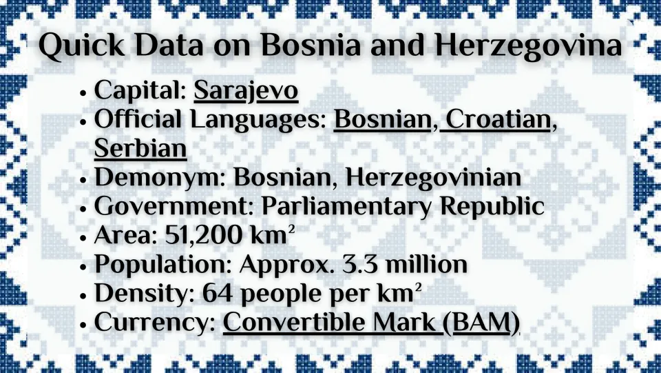 Quick-facts slide listing Sarajevo, three official languages, population, area, and the convertible mark