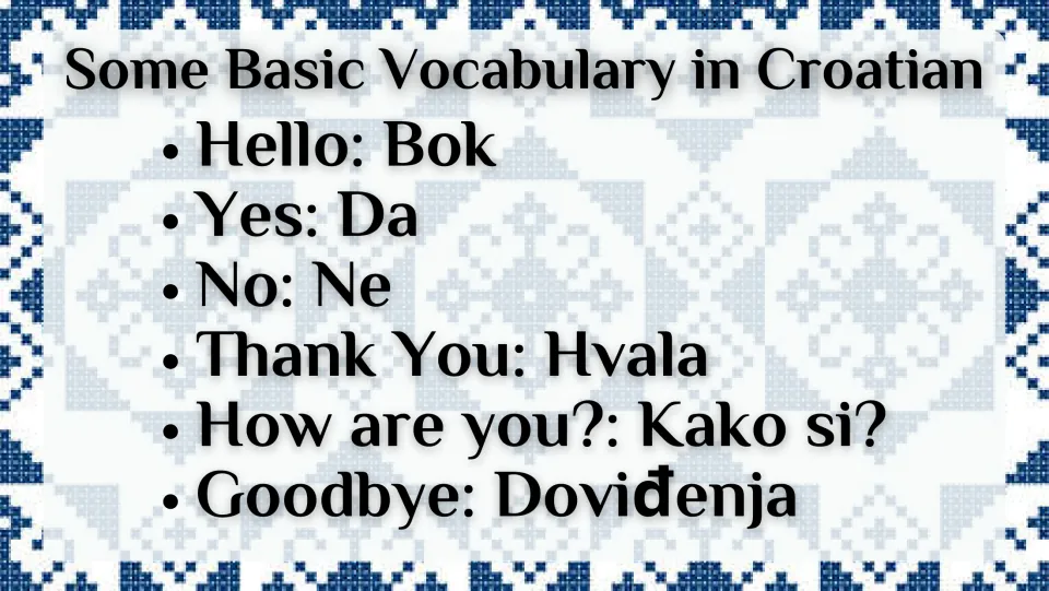 Croatian vocabulary slide: Bok (hello), Da (yes), Ne (no), Hvala (thank you), and two more expressions