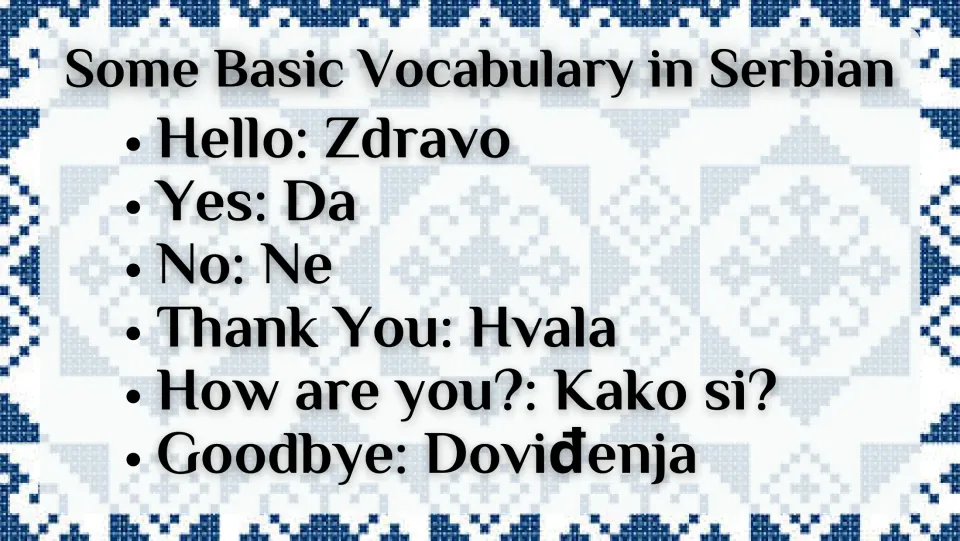 Serbian vocabulary slide: Zdravo (hello), Da (yes), Ne (no), Hvala (thank you), and two more expressions