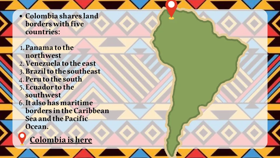 Borders slide lists Panama, Venezuela, Brazil, Peru, and Ecuador and marks Colombia on a South America map