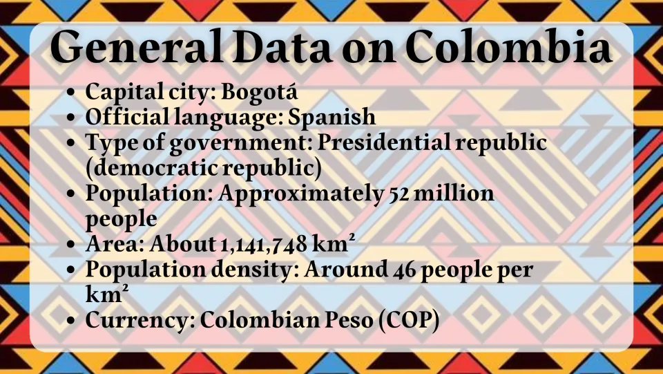 General data slide lists Bogotá, Spanish, government, population, area, density, and the Colombian peso