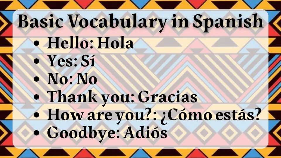 Spanish vocabulary slide: Hola (Hello), Sí (Yes), No (No), Gracias (Thank you), and two more expressions