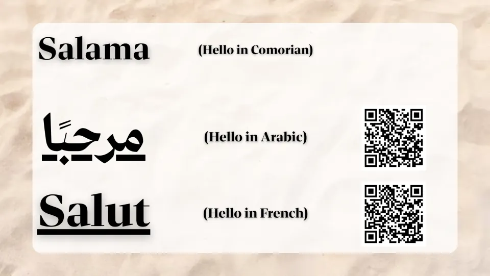 Greeting slide introducing Salama (hello in Comorian), مرحبًا (hello in Arabic), and Salut (hello in French)