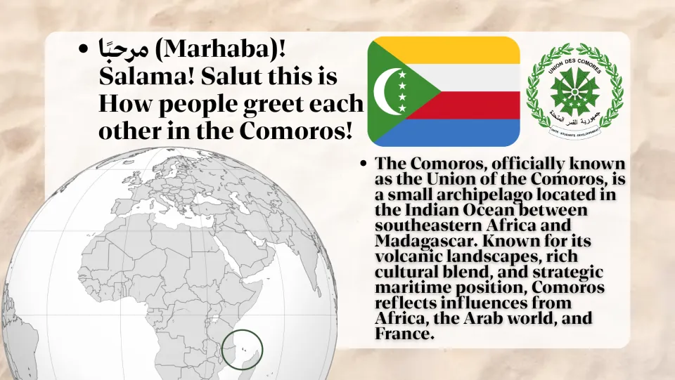 Introduction slide locating Comoros between southeastern Africa and Madagascar, with its flag and globe map