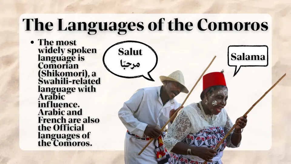 Language overview slide describing Comorian (Shikomori), its Arabic influence, and official Arabic and French