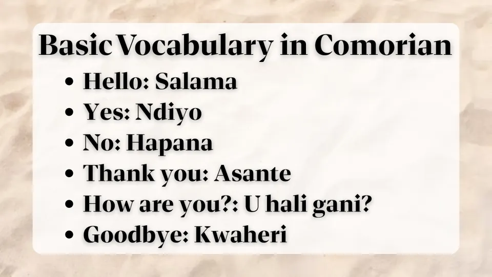 Comorian vocabulary slide: Salama (hello), Ndiyo (yes), Hapana (no), Asante (thank you), and two more phrases