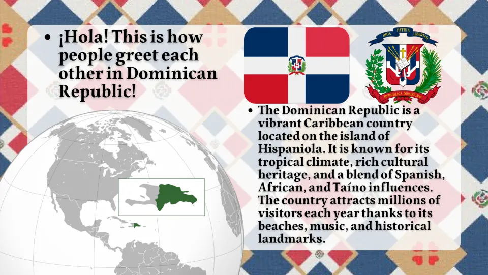 Introduction slide locating the Dominican Republic on Hispaniola and describing its cultural influences