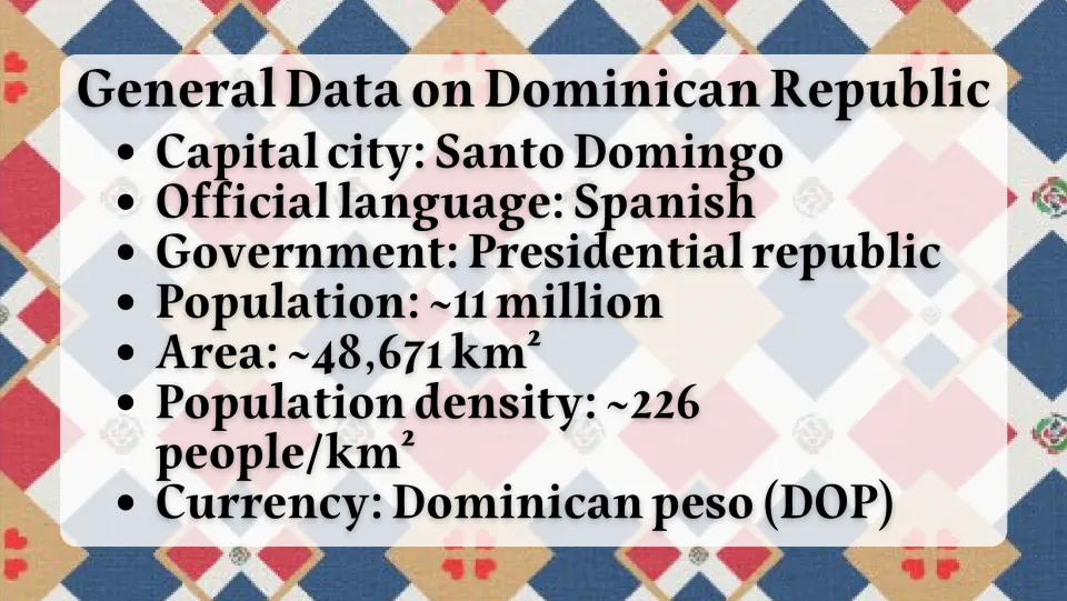 General facts slide listing Santo Domingo, Spanish, government, population, area, density, and currency