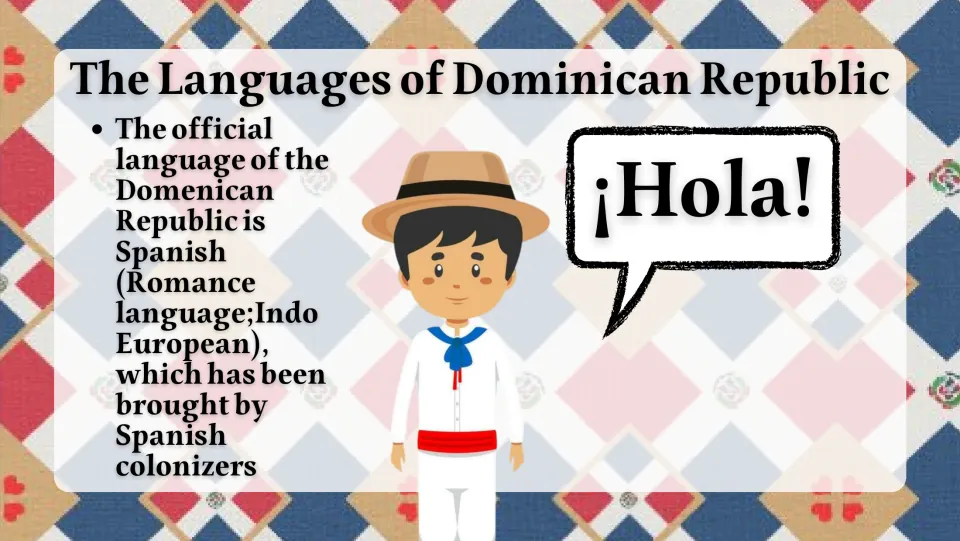 Language slide identifying Spanish as the official language and explaining its arrival with colonizers