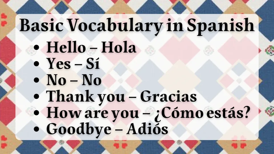 Spanish vocabulary slide: Hola (Hello), Sí (Yes), No (No), Gracias (Thank you), and two more phrases