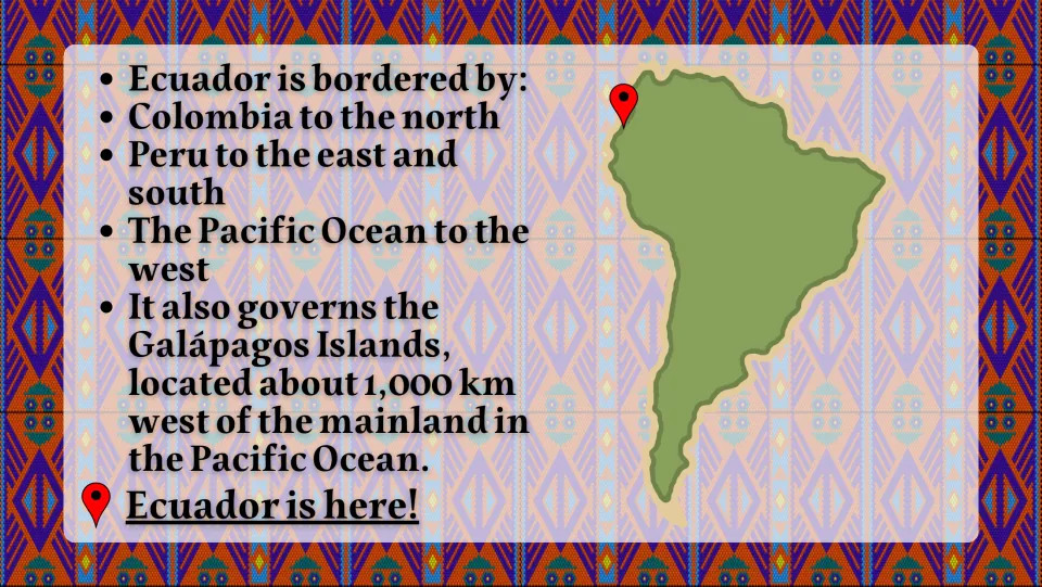 Ecuador location slide naming Colombia, Peru, the Pacific Ocean, and the Galápagos Islands beside a map