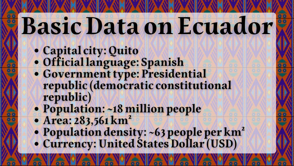 Ecuador basic facts slide listing Quito, Spanish, government, population, area, density, and U.S. currency