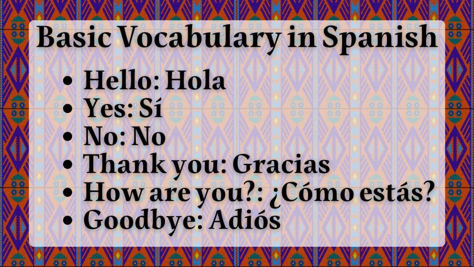 Spanish vocabulary slide: Hola (Hello), Sí (Yes), No (No), Gracias (Thank you), and two more everyday phrases