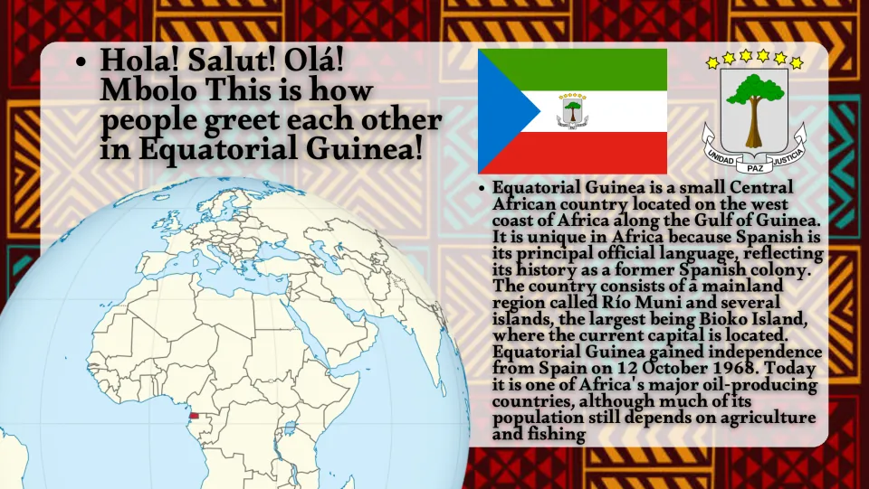 Introduction slide locating Equatorial Guinea in Africa, with its flag, independence date, and economy