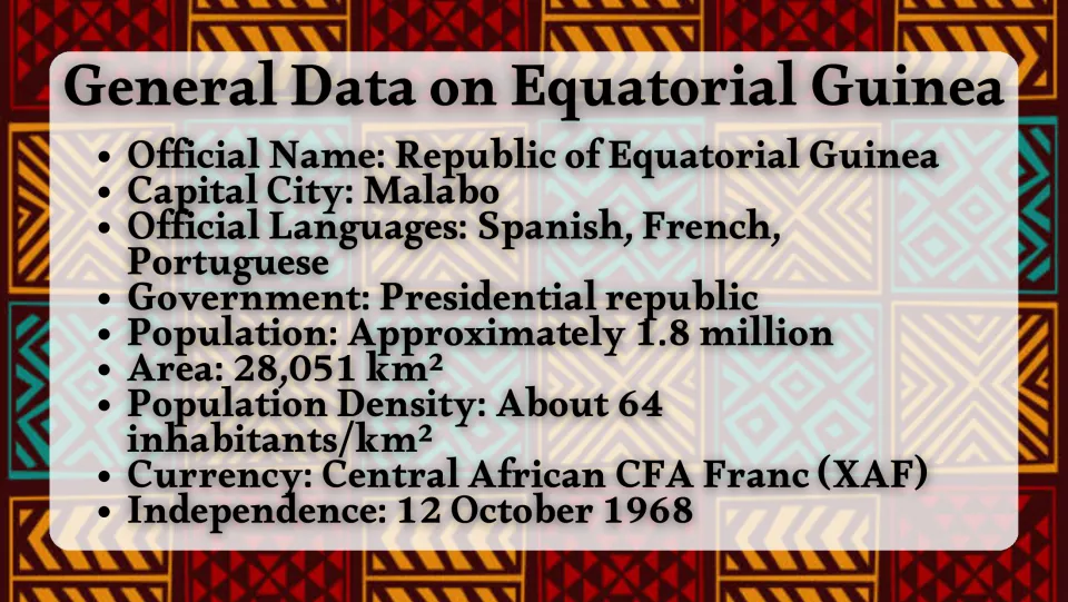 Country facts slide listing Malabo as capital, official languages, population, area, currency, and independence