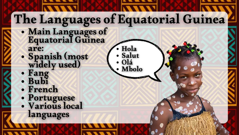 Languages slide listing Spanish, Fang, Bubi, French, Portuguese, and local languages in Equatorial Guinea
