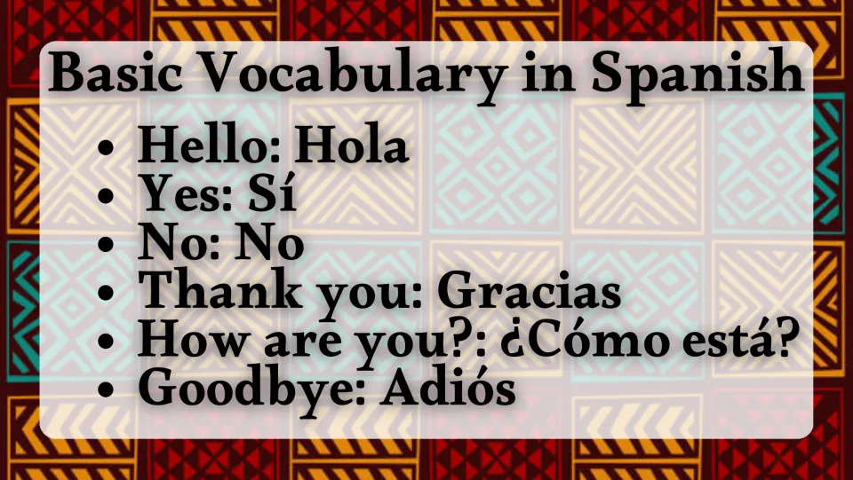 Spanish vocabulary slide: Hola (hello), Sí (yes), No (no), Gracias (thank you), and two more phrases