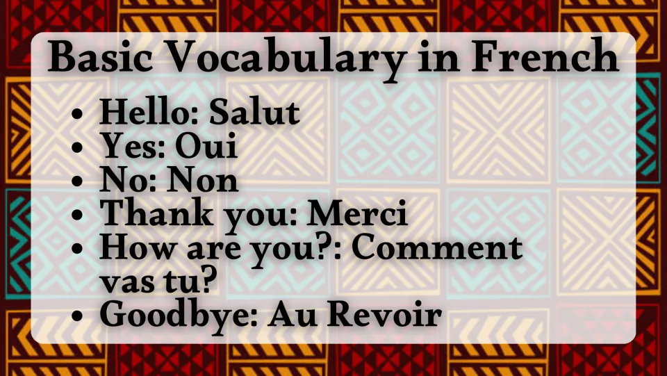 French vocabulary slide: Salut (hello), Oui (yes), Non (no), Merci (thank you), and two more phrases