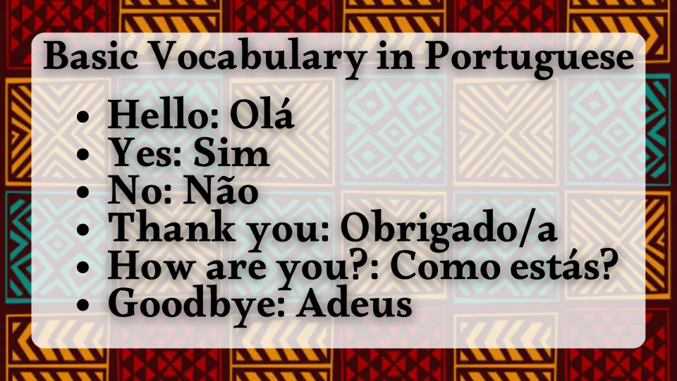 Portuguese vocabulary slide: Olá (hello), Sim (yes), Não (no), Obrigado/a (thank you), and two more phrases