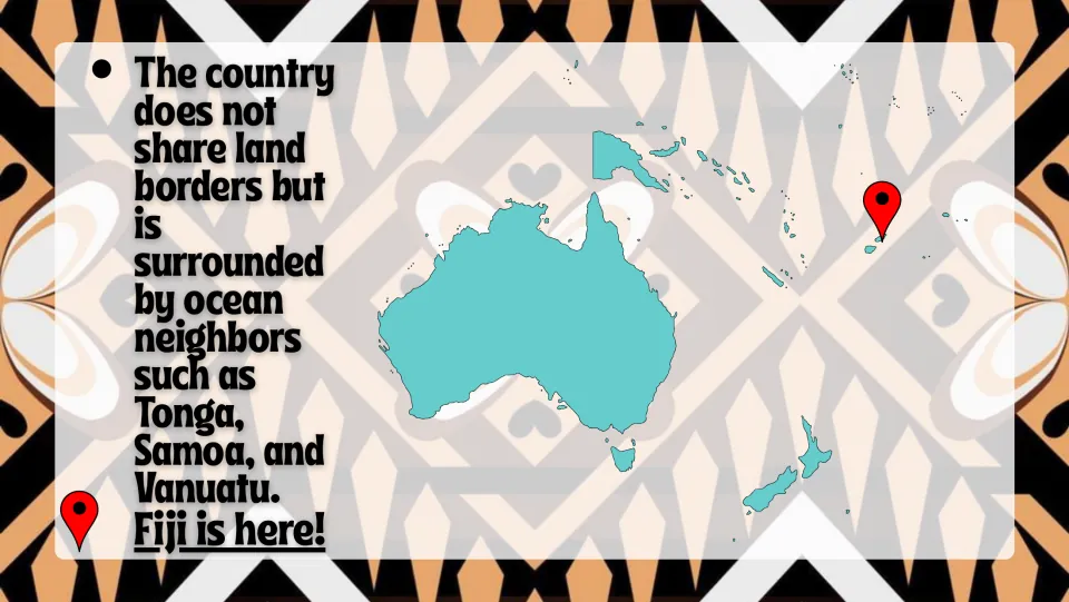 Location slide marking Fiji on a regional map and naming Tonga, Samoa, and Vanuatu as ocean neighbors