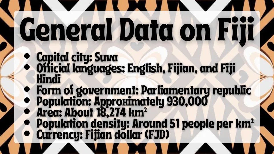 General facts slide listing Suva, official languages, government, population, area, density, and currency
