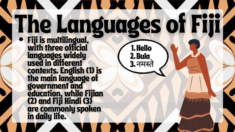 Language overview slide explaining the roles of English, Fijian, and Fiji Hindi in government and daily life