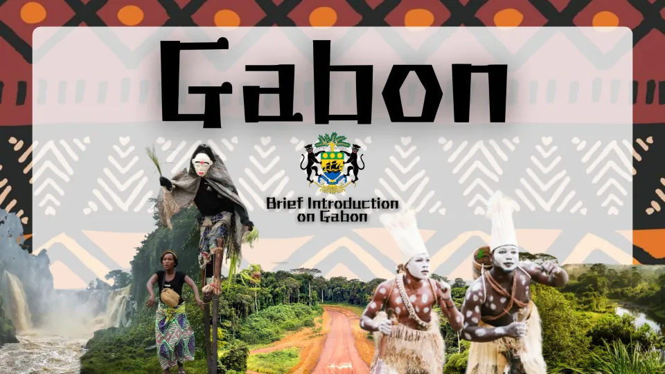 Gabon title slide, Brief Introduction on Gabon, with the coat of arms, a rainforest road, waterfall and masked dancers