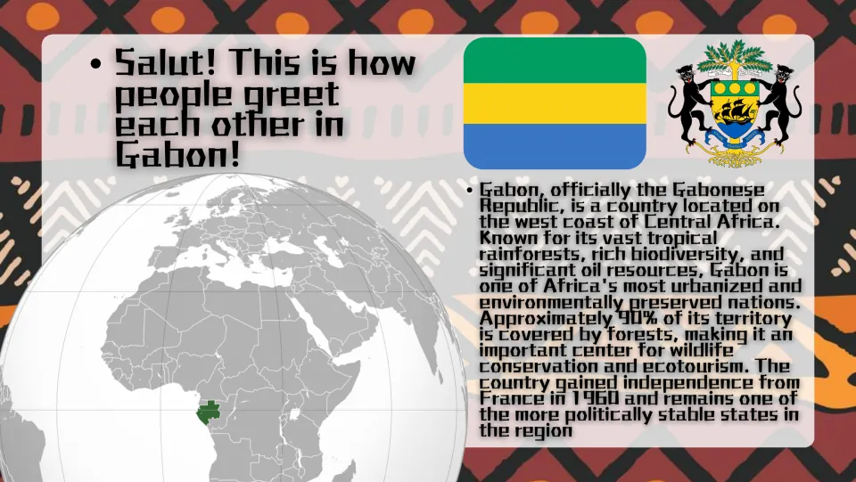 Gabon overview: flag, coat of arms and globe locating it in Central Africa, plus notes on forests, oil and independence