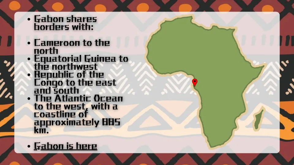 Gabon's borders: Cameroon, Equatorial Guinea, Republic of the Congo and an 885 km Atlantic coast, with an Africa map pin