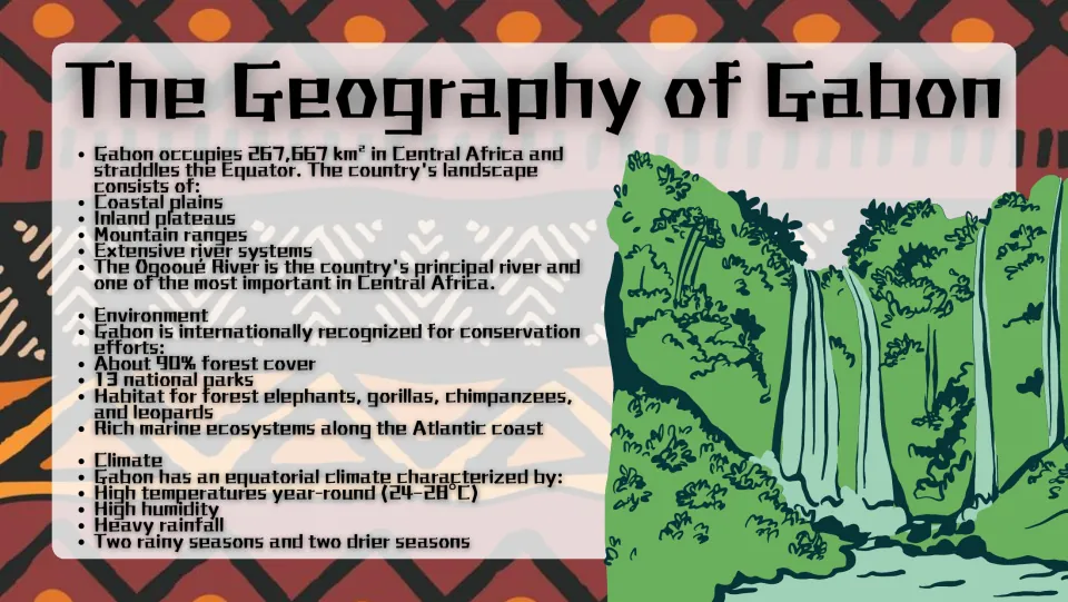 The Geography of Gabon: landforms, the Ogooué River, 90% forest cover, 13 national parks, wildlife and equatorial climate