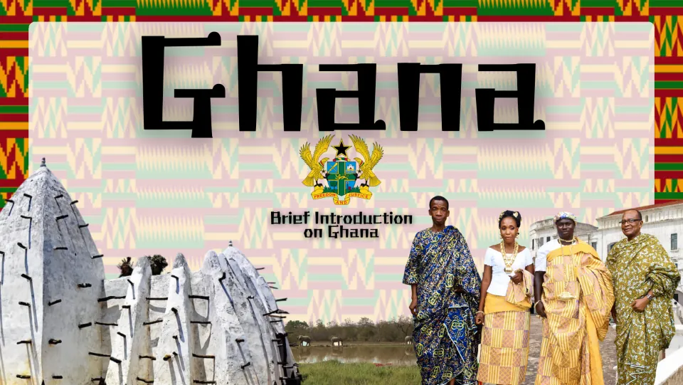 Ghana title slide, Brief Introduction on Ghana, with coat of arms, a mud building and four people in traditional dress