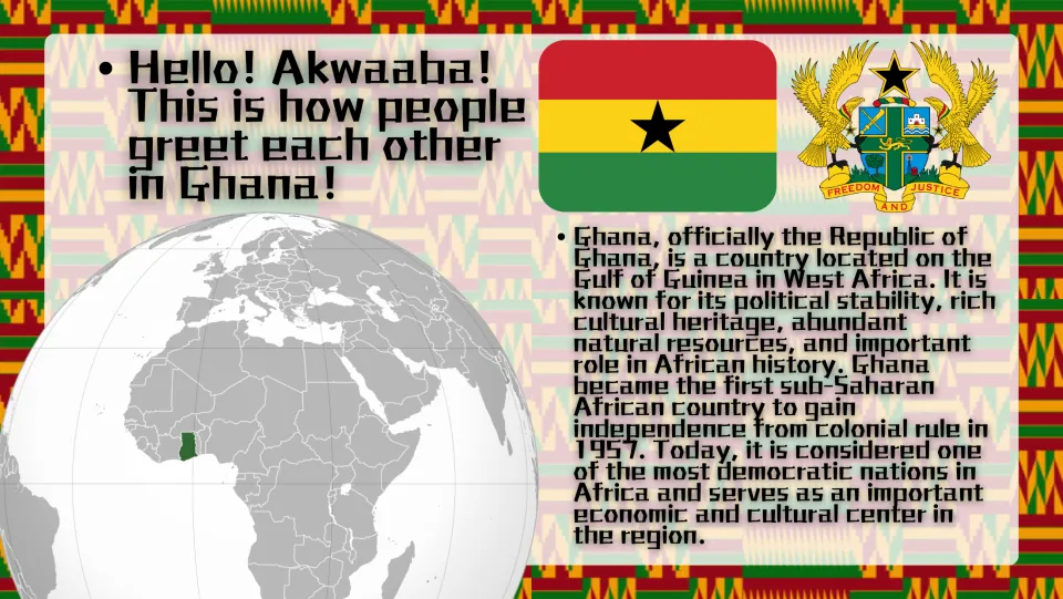 Ghana overview: students locate Ghana on a globe and read about its flag, coat of arms and 1957 independence