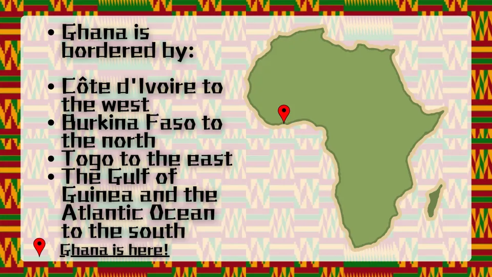 Ghana's borders: students name neighbors Côte d'Ivoire, Burkina Faso and Togo plus the Gulf of Guinea on an Africa map