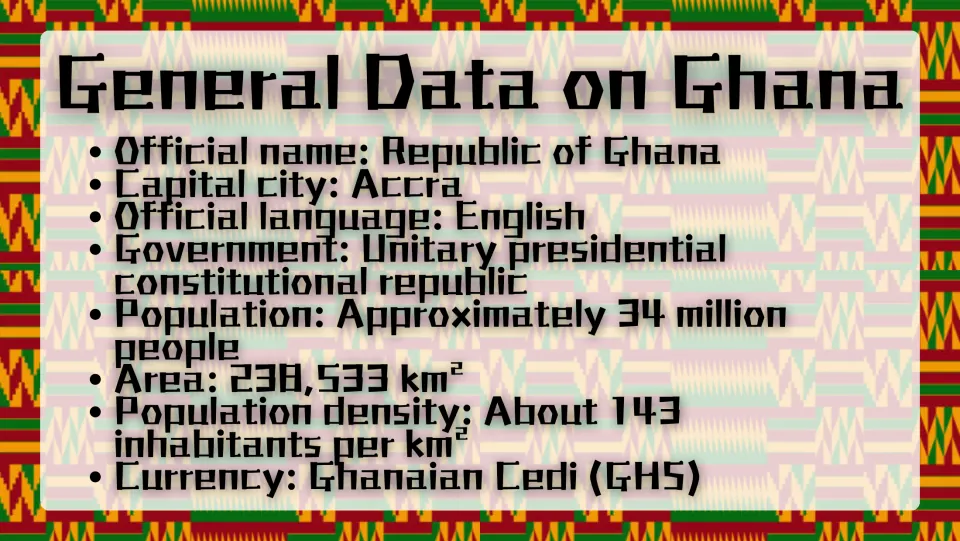 General data on Ghana: capital Accra, English, government type, about 34 million people, area, density and the cedi