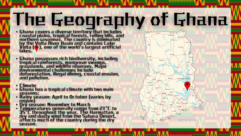 Geography of Ghana: landforms, Lake Volta pinned on a road map, biodiversity, environmental threats and rainy/dry seasons