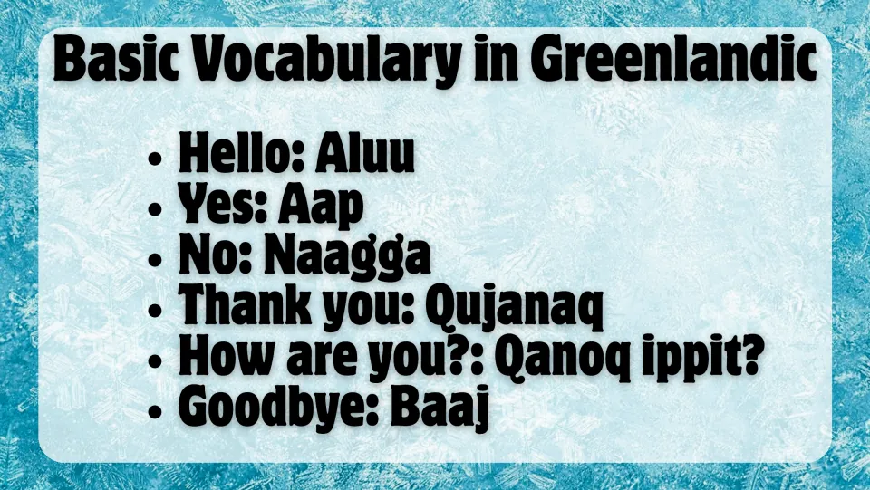 Vocabulary slide listing Aluu (hello), Aap (yes), Naagga (no), and three more Greenlandic expressions