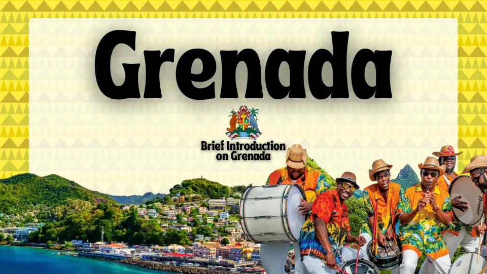 Cover slide introducing Grenada, with the subtitle 'Brief Introduction on Grenada' and coastal scenery