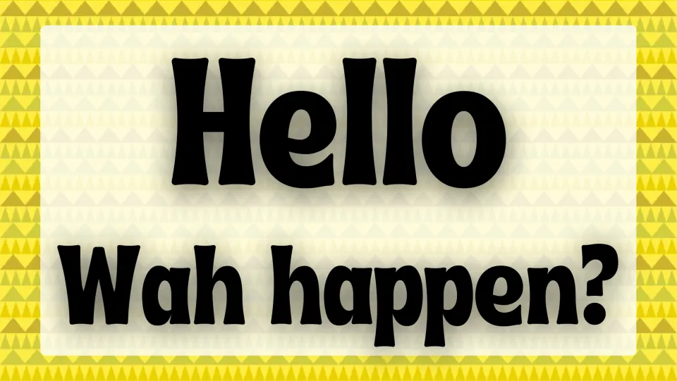 Greeting slide pairing the English word 'Hello' with 'Wah happen?' for the introduction to Grenada