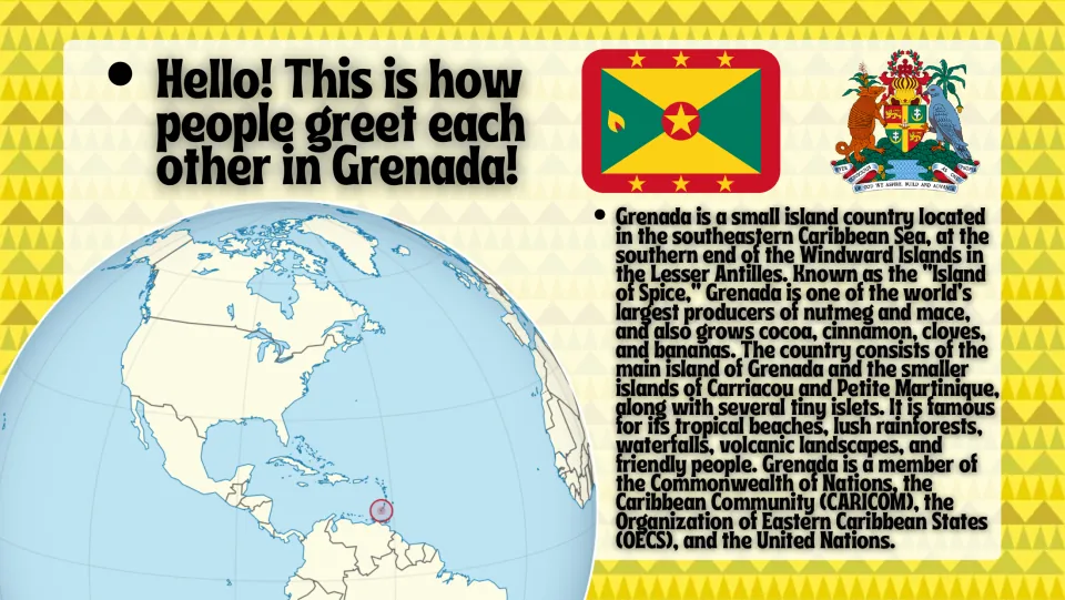 Introduction slide locating Grenada on a globe and describing its islands, spices, and natural features