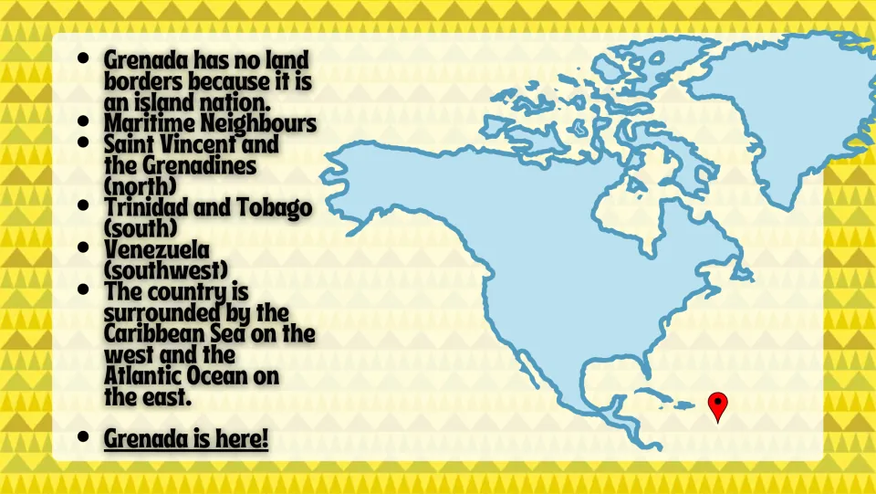 Location slide identifying Grenada's maritime neighbors: Saint Vincent and the Grenadines, and two more