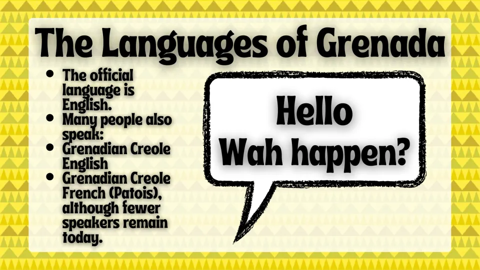 Language slide naming English, Grenadian Creole English, and Grenadian Creole French, with a greeting