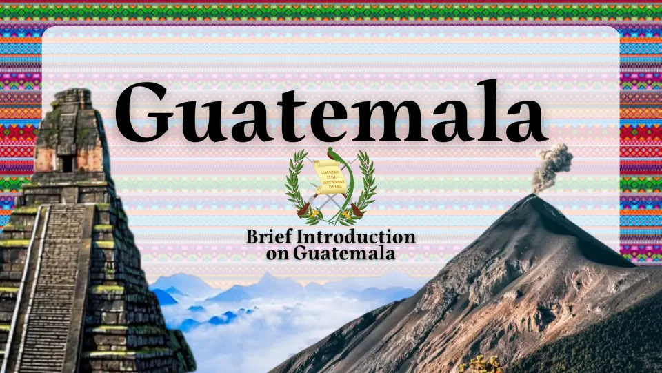 Guatemala presentation cover introducing the country, with a Maya temple, volcano, and national coat of arms