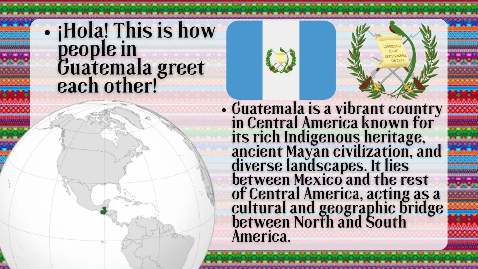 Introduction slide: Hola (hello), Guatemala's flag, Indigenous heritage, and location in Central America