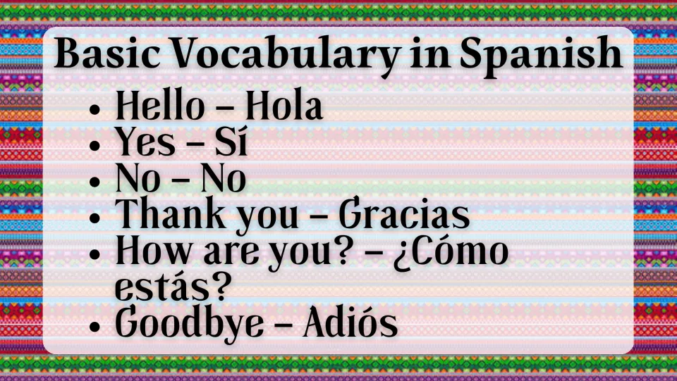 Spanish vocabulary slide: hola (hello), sí (yes), no (no), gracias (thank you), and two more expressions