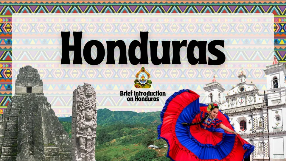 Country study cover introducing Honduras, with Maya ruins, a dancer, mountains, and a cathedral