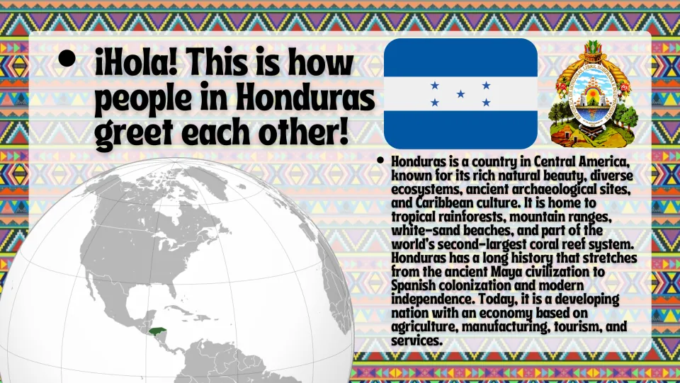 Introduction slide locating Honduras on a globe and showing its flag, coat of arms, and country overview