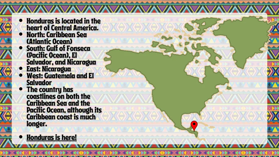 Location slide identifying Honduras's neighbors, Caribbean and Pacific coastlines, and position on a map