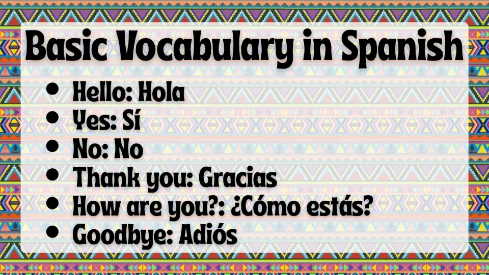 Spanish vocabulary slide pairing Hola (Hello), Sí (Yes), No (No), and three more expressions with English