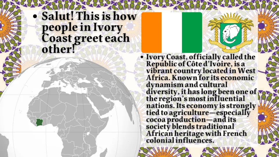 Introduction to the Republic of Côte d'Ivoire with its flag, elephant coat of arms and a globe locating it in West Africa